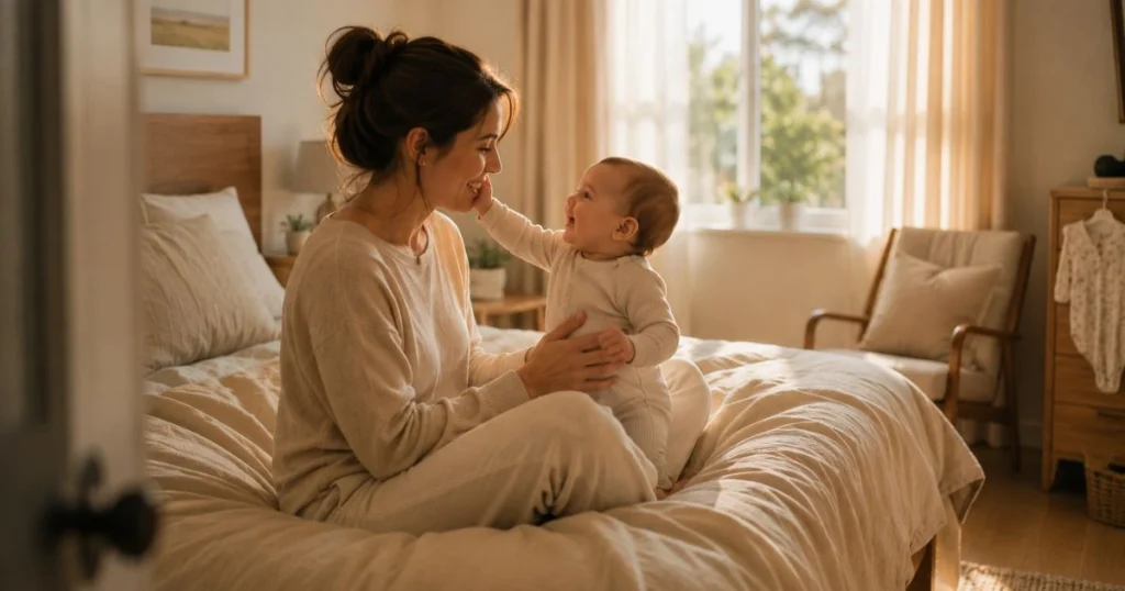 happy parent and 8-month-old baby after bedtime