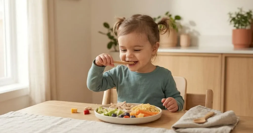 Happy toddler eating lunch