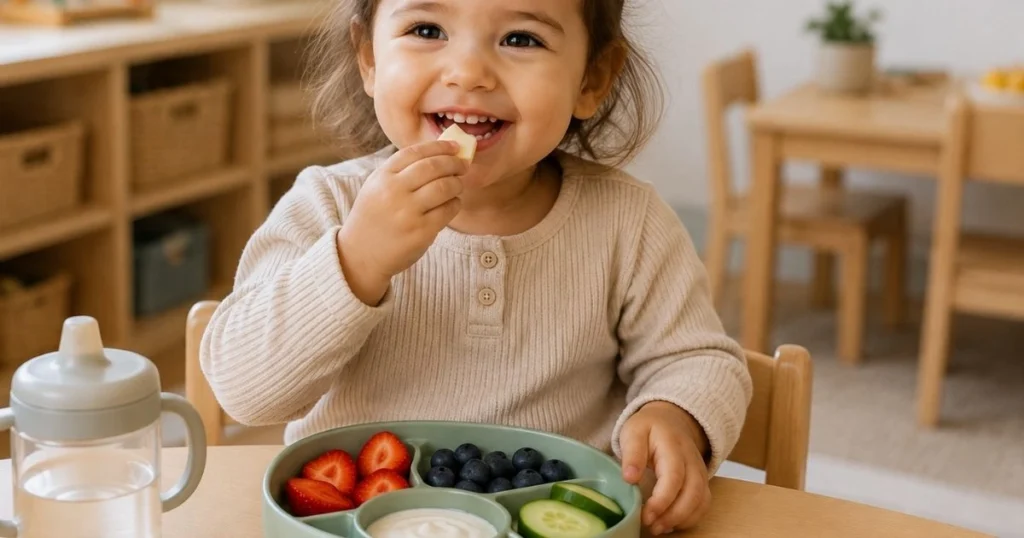 Happy toddler enjoying a healthy snack at  family setting