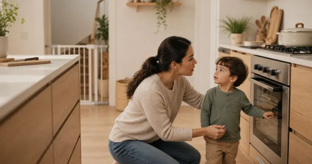 Parent gently stopping a child from touching a hot oven to prevent harm instead of relying on natural consequences.