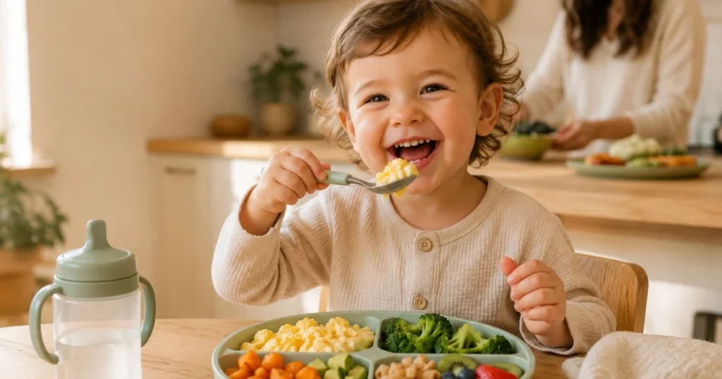 Happy toddler enjoying healthy quick toddler meals