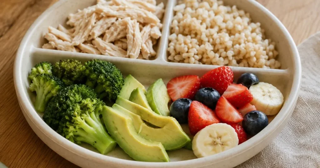 Divided plate with chicken, brown rice, broccoli, avocado, and fruit
