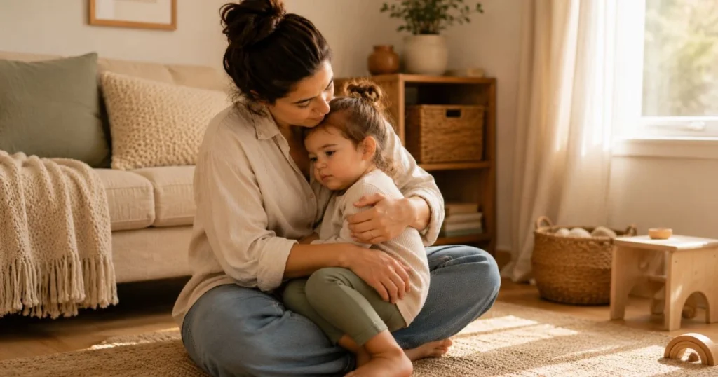 Parent comforting a toddler experiencing big feelings