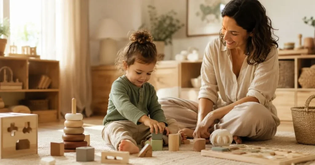 Toddler Biting: Why Toddlers Bite and How to Handle Biting Without Punishment 3 Toddler playing with toys while a parent provides calm support