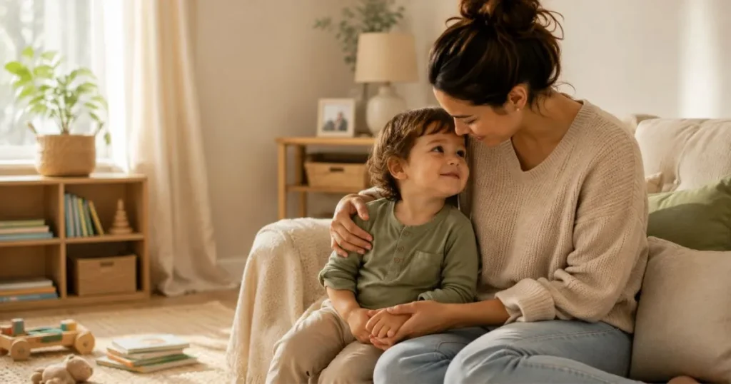 Respectful Parenting: What It Is & How to Practice It 12 Mother and toddler sharing a warm, reassuring moment that represents connection and respectful parenting.