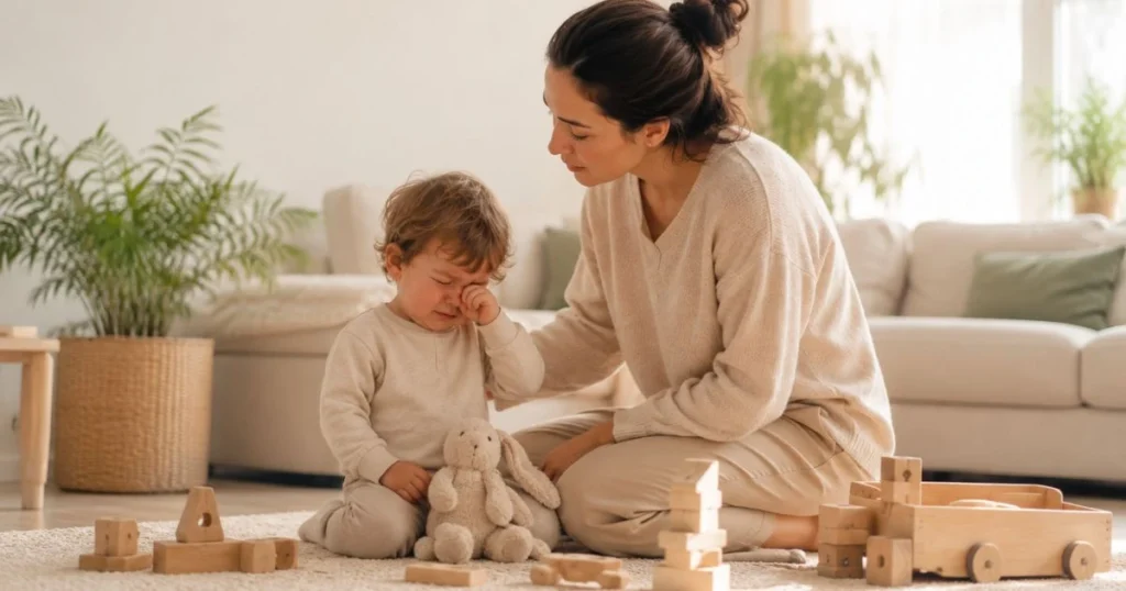 Toddler expressing big emotions while a parent watches calmly.