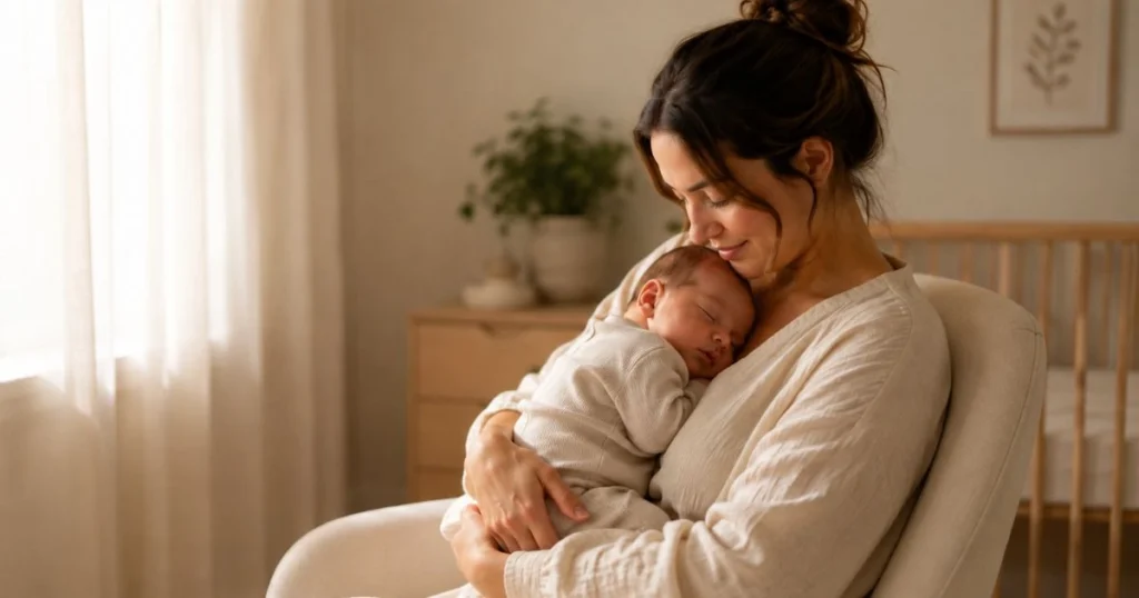 Newborn Sleep Schedule: A Simple 0–3 Month Guide for New Parents 4 Mother holding sleepy newborn during daytime