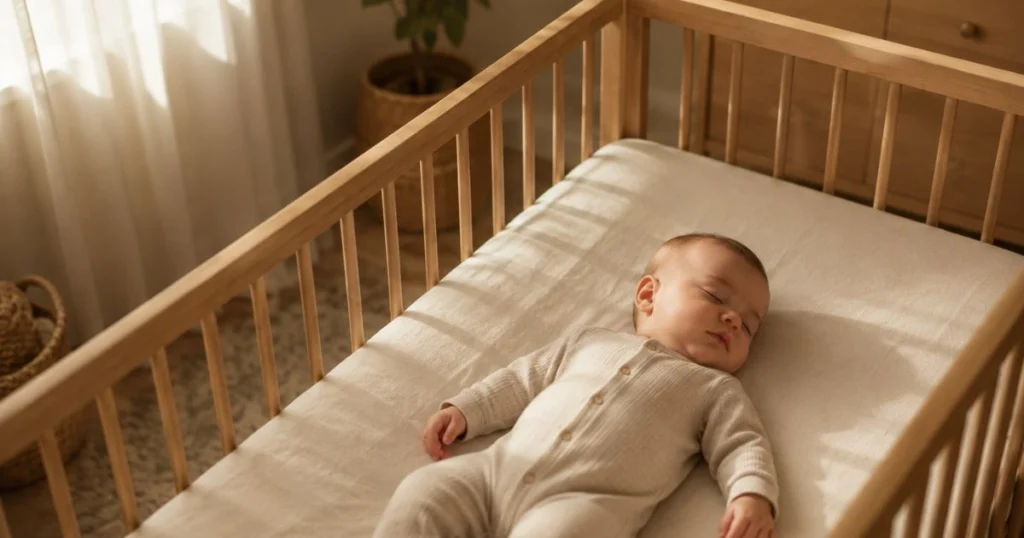 8-month-old baby sleeping safely in crib