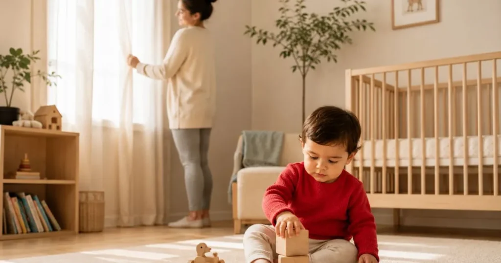 Toddler playing happily at midday