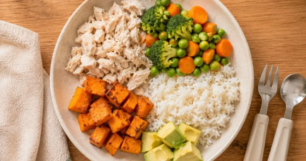 balanced toddler dinner plate with protein vegetables and grains
