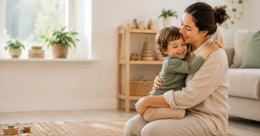 A  child relaxed, secure, and comforted, with a gentle smile and calm body language, while the parent smiles warmly, 
