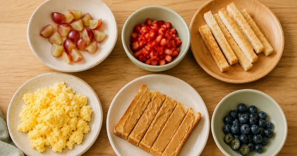 Balanced breakfast for a toddler with protein fruit whole grains and healthy fat