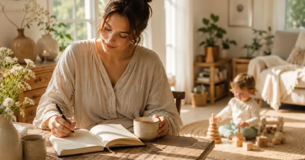Mother practicing self-reflection to overcome mom guilt