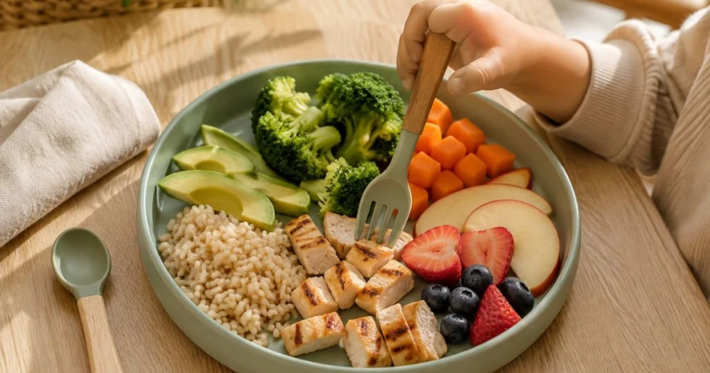 Toddler Dinner Ideas: 35 Easy, Healthy Meals They'll Love 4 Balanced toddler dinner plate with chicken, vegetables, brown rice, fruit, and healthy fats
