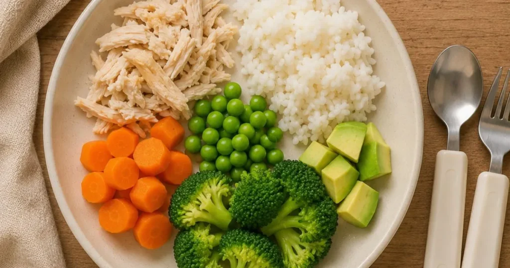deconstructed chicken rice and vegetables toddler meal