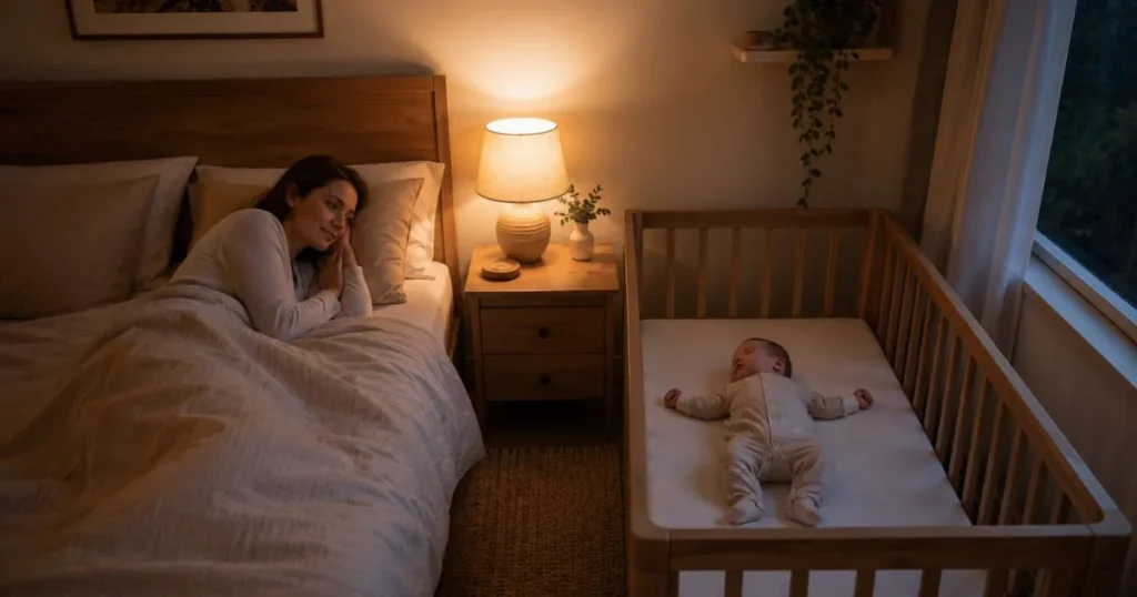 baby sleeping in separate crib beside parent bed