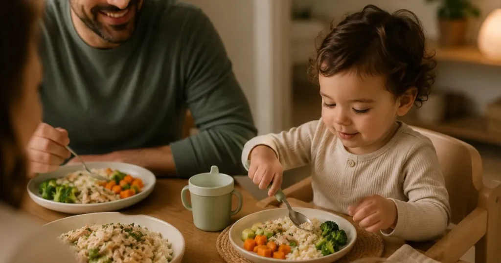 toddler eating healthy family dinner at table