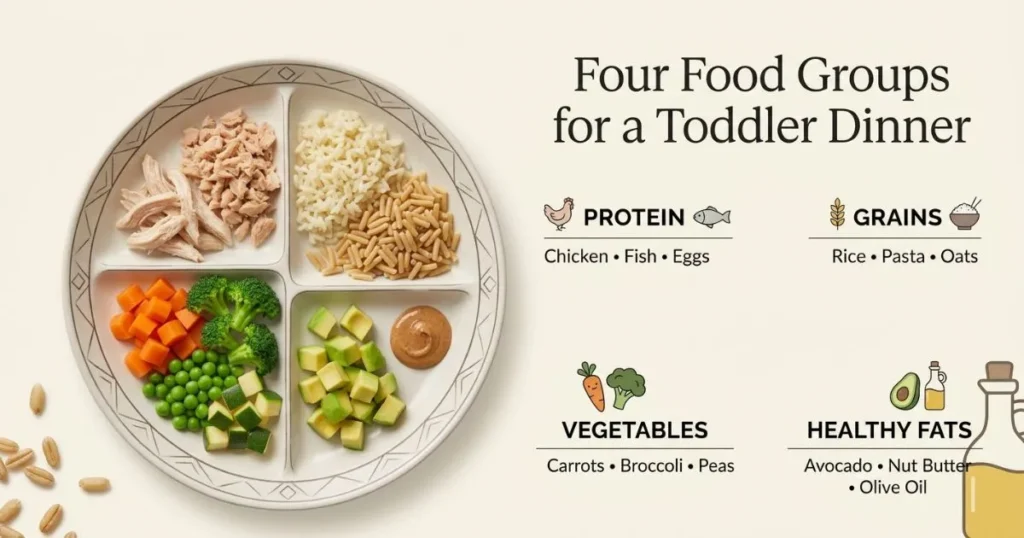 toddler balanced plate with protein grains vegetables and healthy fats