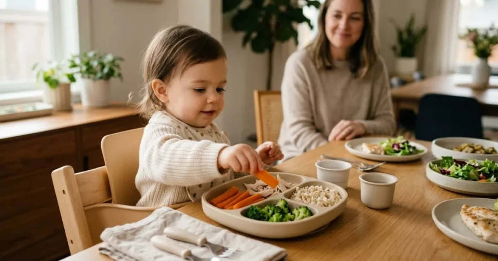 toddler choosing healthy foods at dinner table