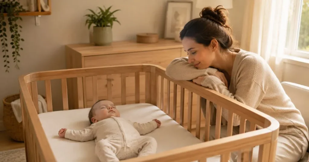 parent watching sleeping baby peacefully