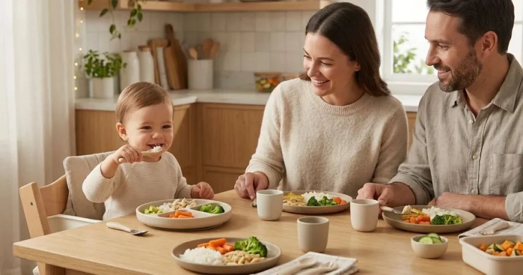 happy toddler enjoying healthy family dinner