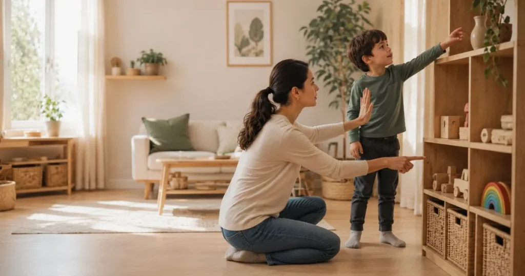 Parent calmly setting clear and consistent boundaries with a young child using positive discipline.