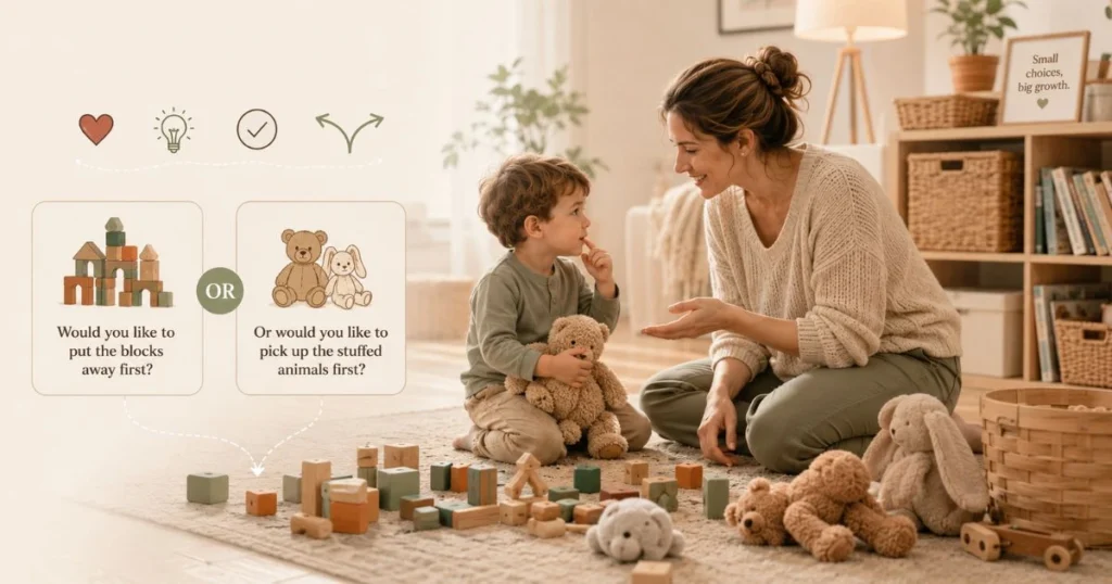 Parent using positive discipline by calmly guiding a young child instead of using punishment.