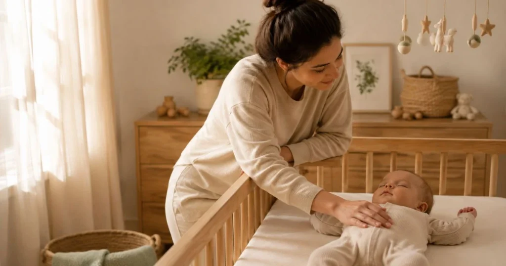 parent checking sleeping baby during nap
