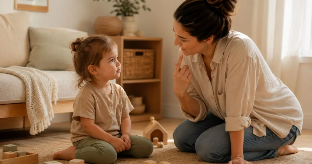 Parent calmly helping an upset toddler regulate emotions