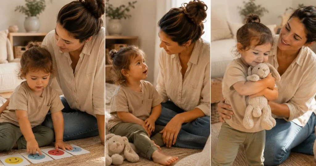 Parent supporting a toddler through different stages of emotional development
