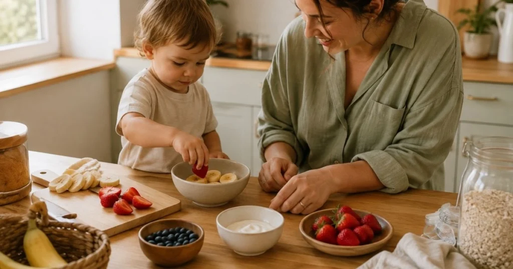 Toddler looking at breakfast prepared by parent