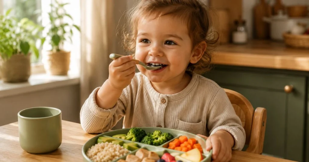 Toddler Dinner Ideas: 35 Easy, Healthy Meals They'll Love 5 Toddler happily eating a healthy homemade dinner independently with a toddler-sized spoon
