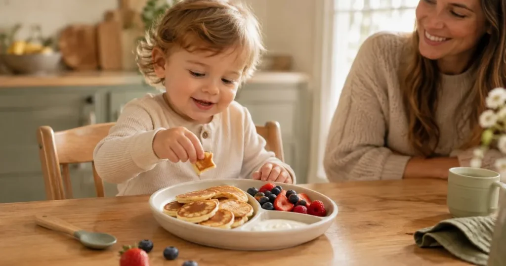 Toddler enjoying banana oat pancakes, berries, and yogurt