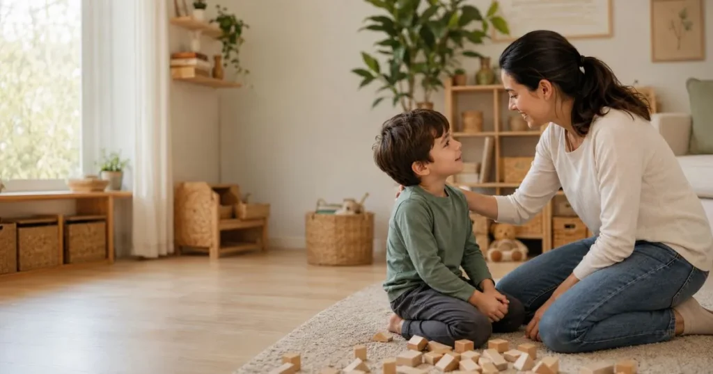 Parent connecting with a young child at eye level before correcting behavior using positive discipline.