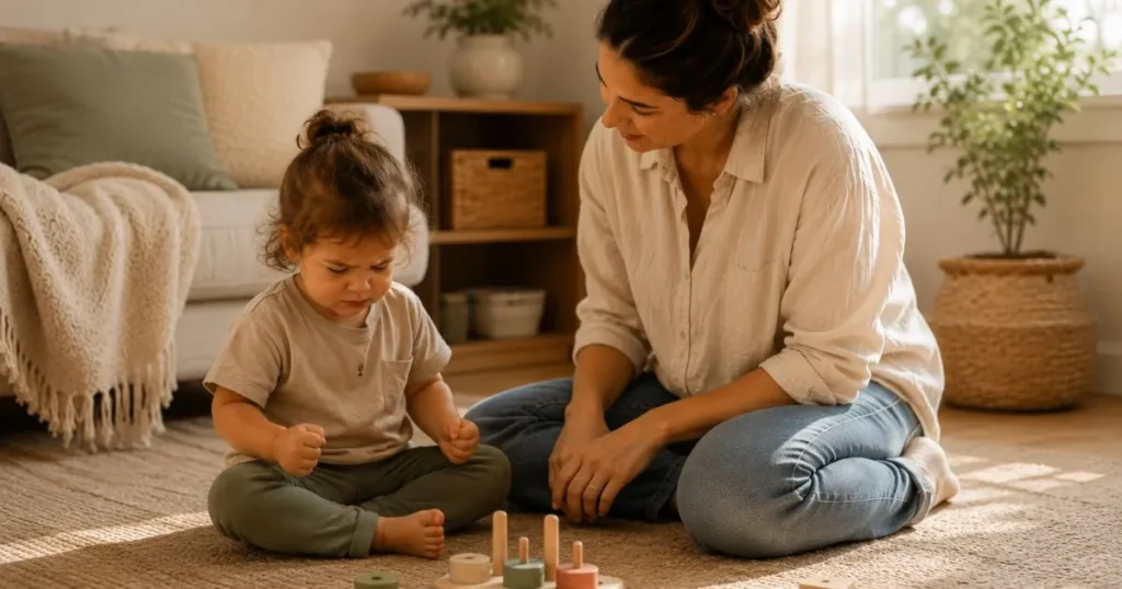 Parent calmly supporting a frustrated toddler during play