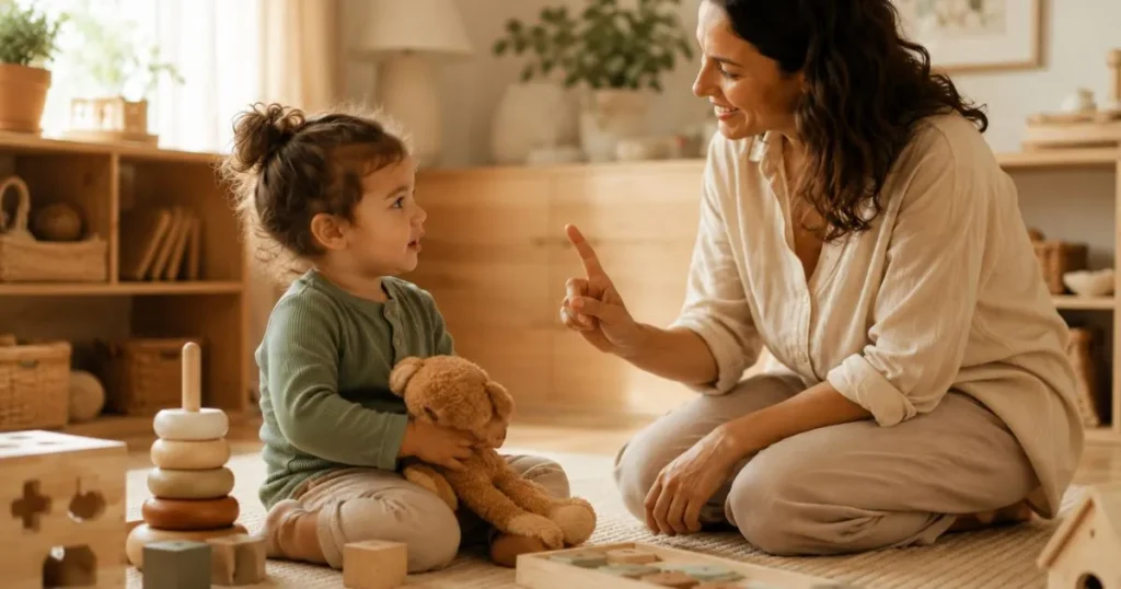 Toddler Biting: Why Toddlers Bite and How to Handle Biting Without Punishment 7 Mother calmly helping a frustrated toddler manage big feelings