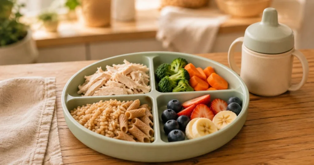 Balanced toddler meal with protein grains vegetables and fruit