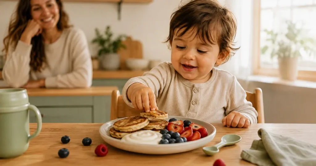 Overhead editorial shot showing oatmeal, eggs, pancakes, yogurt, and fruit