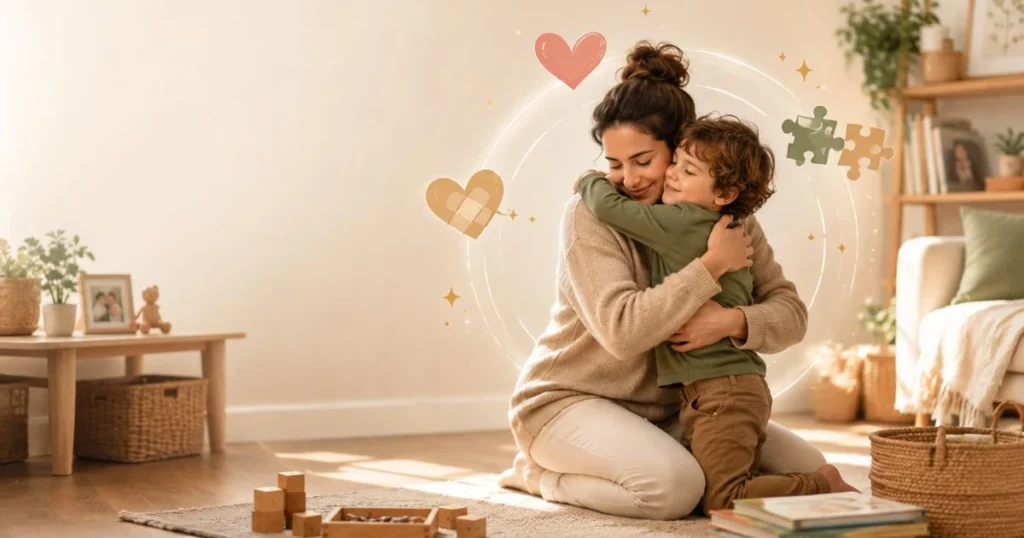 Parent and child reconnecting with a hug after resolving a conflict respectfully.
