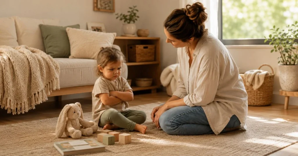 Parent helping a toddler name and understand emotions