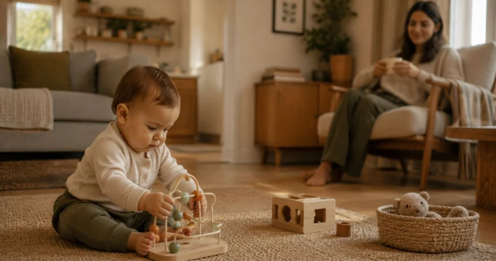 6-month-old baby calmly playing between naps