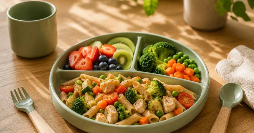 Toddler Dinner Ideas: 35 Easy, Healthy Meals They'll Love 7 Whole wheat pasta with vegetables and chicken for toddlers
