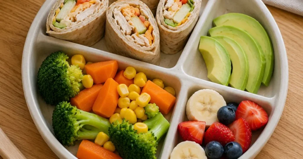 Colorful toddler plate with chicken wrap, vegetables, fruit, and avocado