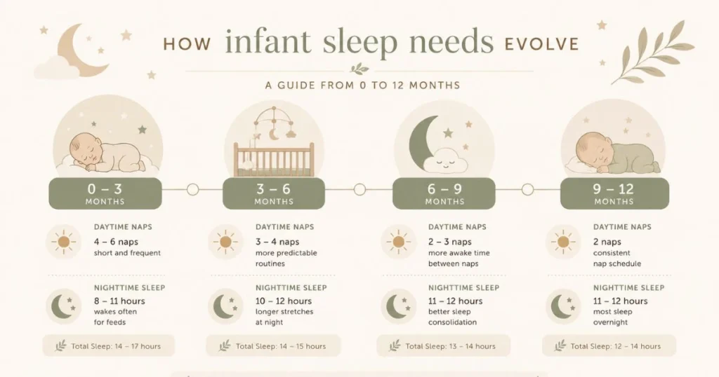 baby sleep needs by age infographic