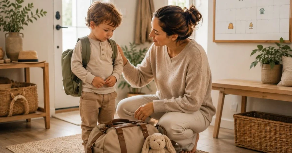 A child stands near the front door wearing a small backpack while looking thoughtfully at a packed travel bag and a family calendar, suggesting a change in their usual daily routine.