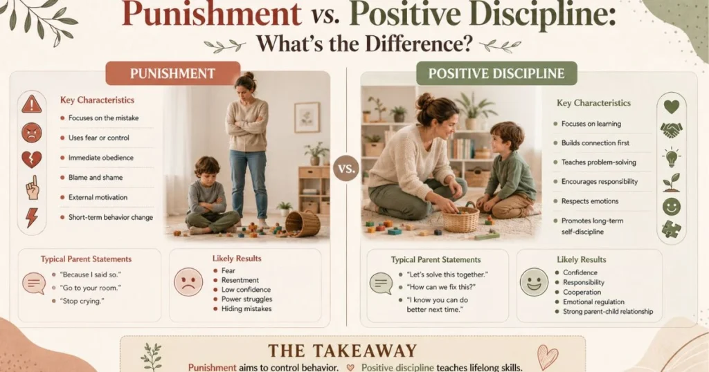 Comparison between positive discipline and punishment in parenting.
