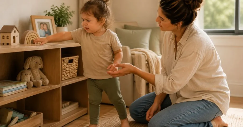 Parent helping a toddler manage emotions during a tantrum