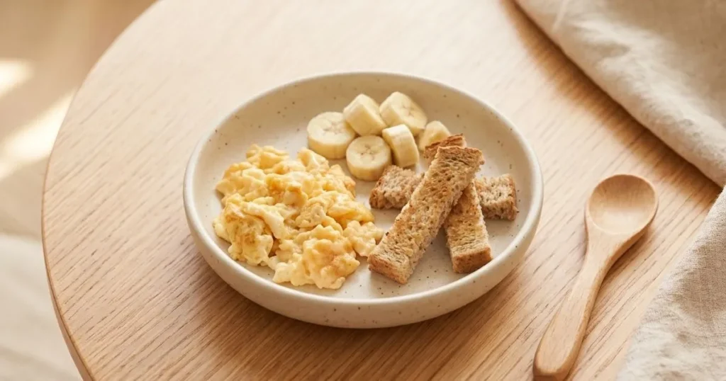 Scrambled eggs and toast toddler lunch