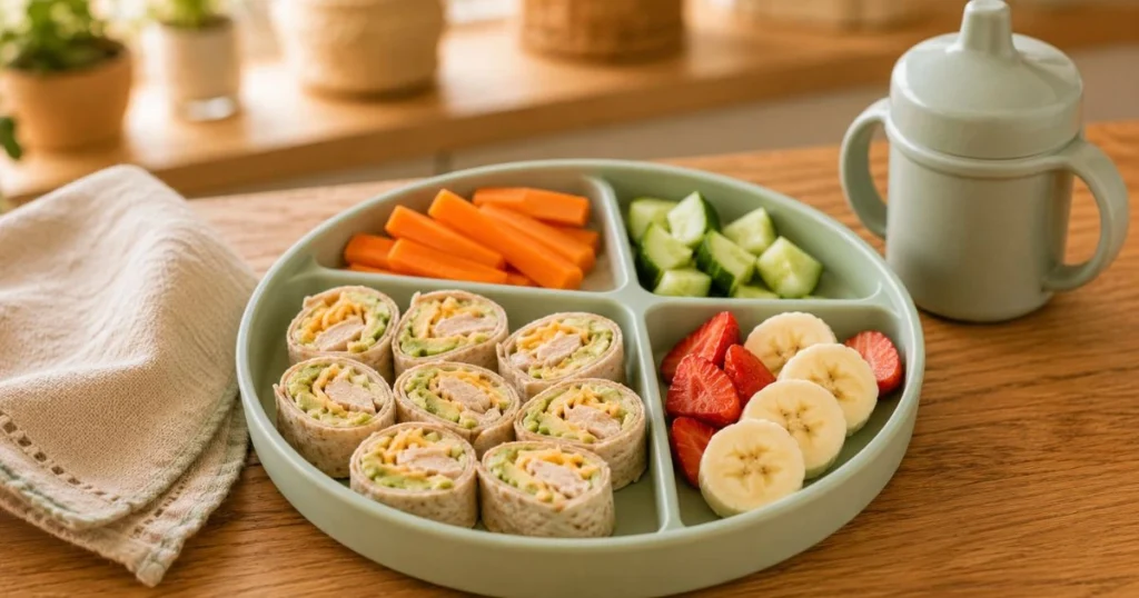 Balanced toddler meal with protein grains vegetables and fruit