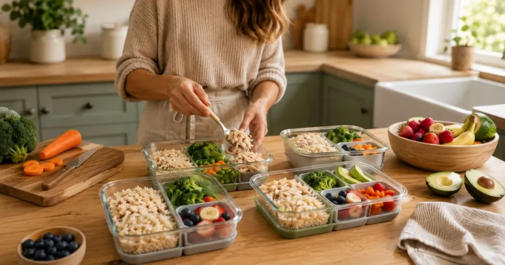 Parent preparing several toddler lunch containers with rice, chicken, vegetables, and fruit
